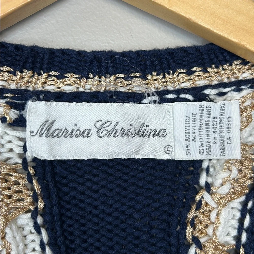 Vintage Marisa Christina Cardigan Size Medium Navy‎ Blue Gold White Nautical